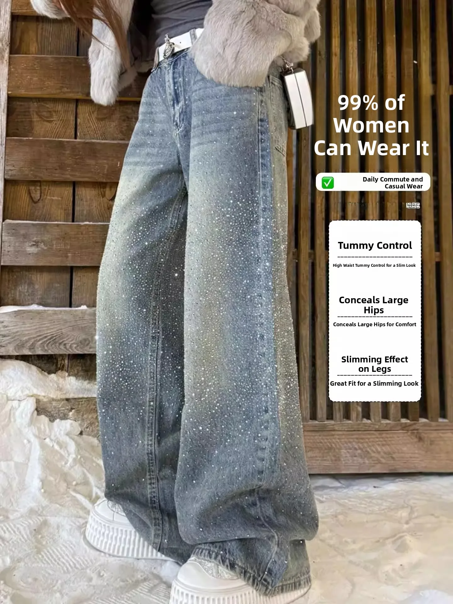 Shiny Sequin Wide Leg Denim Jeans Women's Heavy Work Spring New Style High Waist Straight Leg Pants Glittering Star River Series