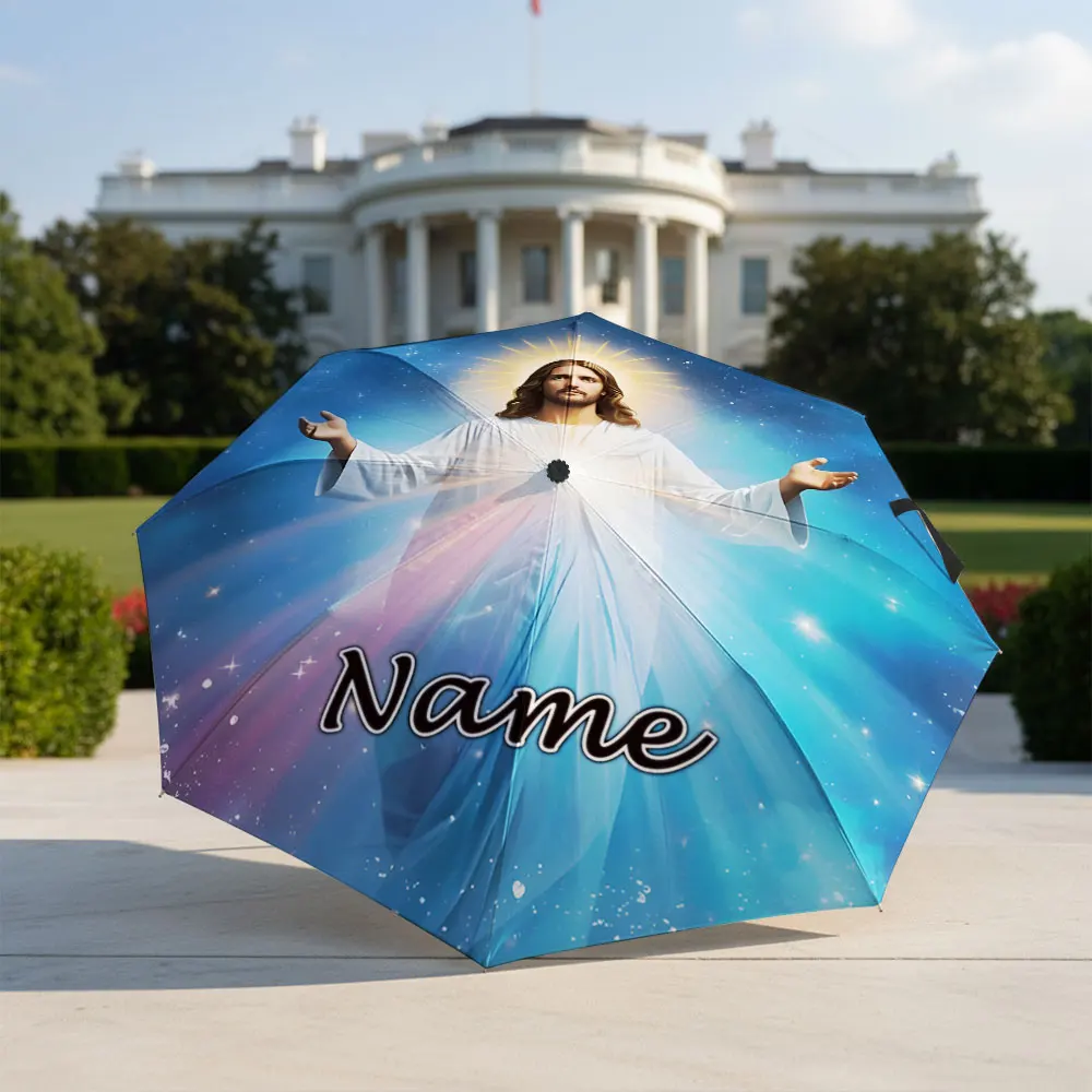 Custom Name Umbrella Jesus Starry Sky Religious Print Folding Umbrella Compact Portable Travel Parasol For Christian Faith