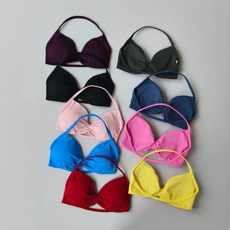 Strappy Bra Gym Top Women High Support Thin Strap Halter Sports Seamless Bras Scrunch Push-up Workout Yoga Tank Tops