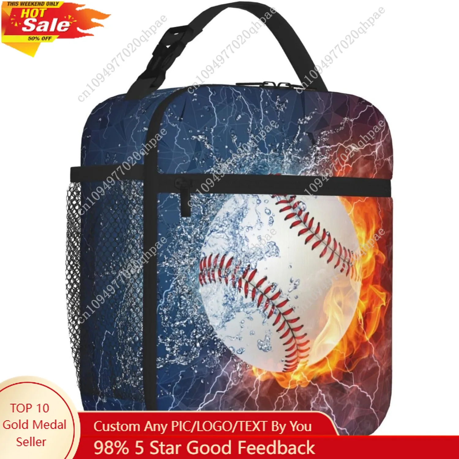 

Sports-Themed Baseball Lunch Box for Boys Girls Kids Teens Adults Reusable Insulated Lunch Bag with Fire & Water Printed Ice Pac