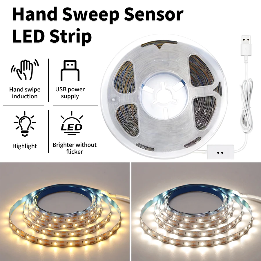Hand Sweep Sensor LED Cabinet Wardrobe Backlight Light Strip 1M 2M 3M 5M 10M DC5V USB LED Strip Lights TV Kitchen Decor Lighting