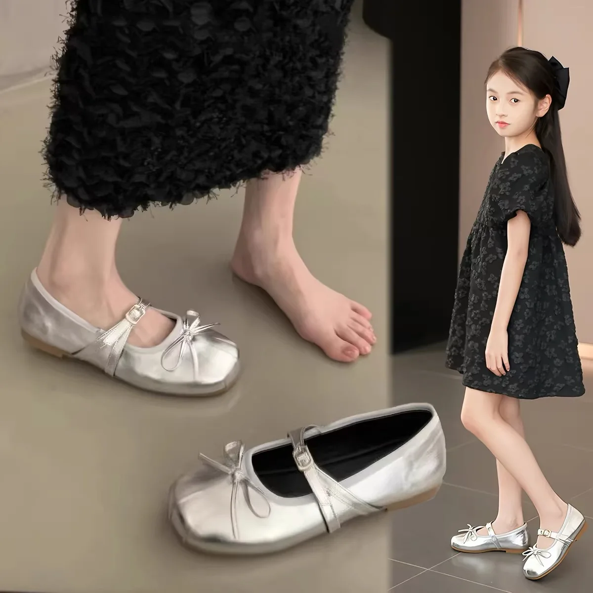 Little Girls Bow Detail Ballet Flats 2026 New Autumn Kids Strappy Barefoot Shoes Soft Sole Simple Princess Girls Party Dress Up