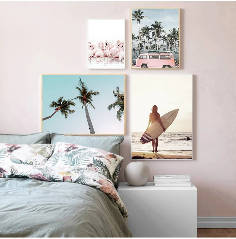 Pink Beach Flamingo Palm Tree Surfboard Wall Art Canvas Painting Nordic Posters And Prints Wall Pictures For Living Room Decor