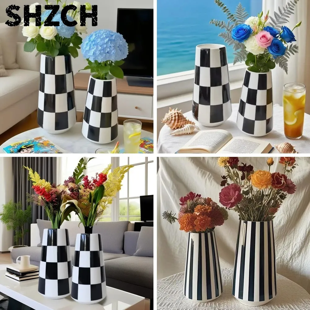 Minimalist Black White Checkered Ceramic Vase for Home Decor, Bedroom Living Room Table Centerpiece