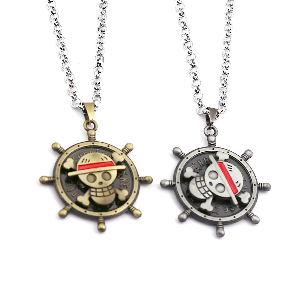 One Piece Anime Monkey D Luffy Necklace Straw Hat Skull Rudder Logo Emblem Rotatable Figure Model Kids Toys Gift Cosplay Pendant