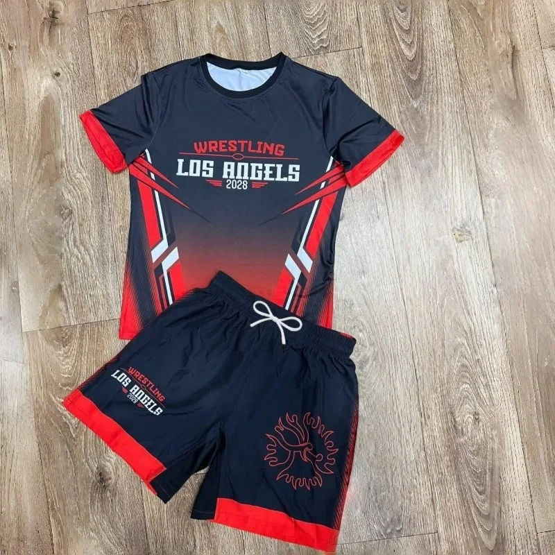 

2026 New Los Angeles City Style Wrestling Sports Suit, Unisex Gradient Quick-Drying Short-Sleeve Shorts Fitness Training Suit