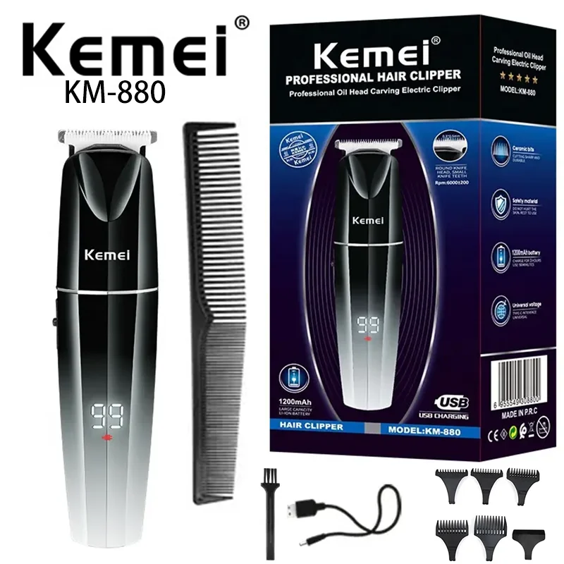 

Kemei Km-880 Lcd Screen Display Usb Charging Gradient Body Low Noise Professional Men Electric Hair Clipper