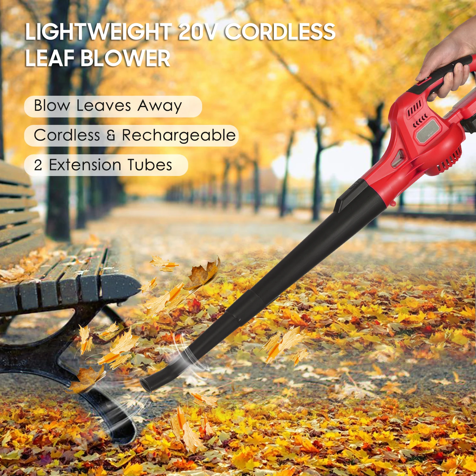 Soplador de Hojas Eléctrico Inalámbrico de 20V con Control de 2 Velocidades 60MPH/130MPH, Soplador de Hojas Portátil de Mano con Extensión
