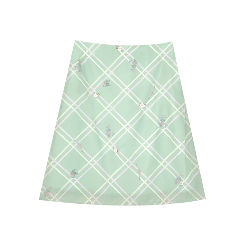 Jupe mi-longue trapèze à carreaux floraux, style coréen rétro, sensation d'âge moyen, taille haute, en Fiber de Polyester 00%, nouvelle collection printemps
