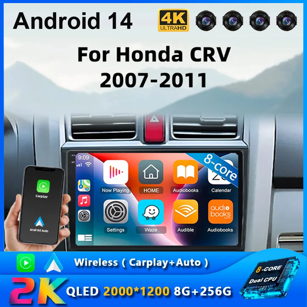 혼다 CRV CR-V 3 2007-2011 멀티미디어 플레이어 내비게이션 GPS DVD 헤드 유닛, 안드로이드 14, 2 Din 무선 카플레이, 자동차 라디오