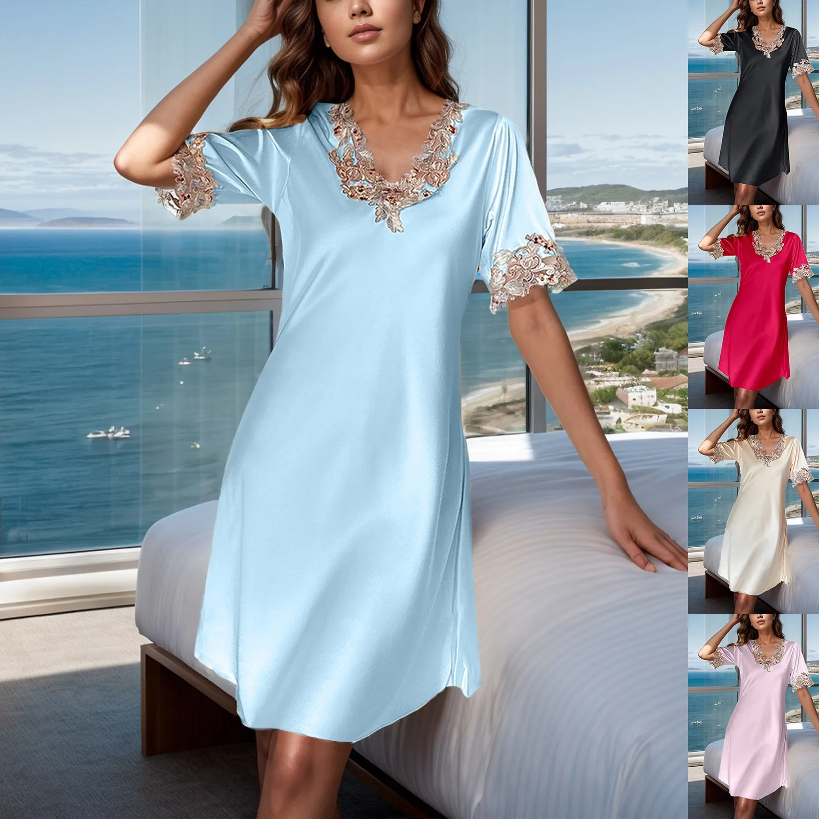 Silk Nightdress Women's Sexy Lingerie Satin Sleepwear Lace V-neck Nightwear Short Sleeve Nightgown 2024 Summer Home Clothes