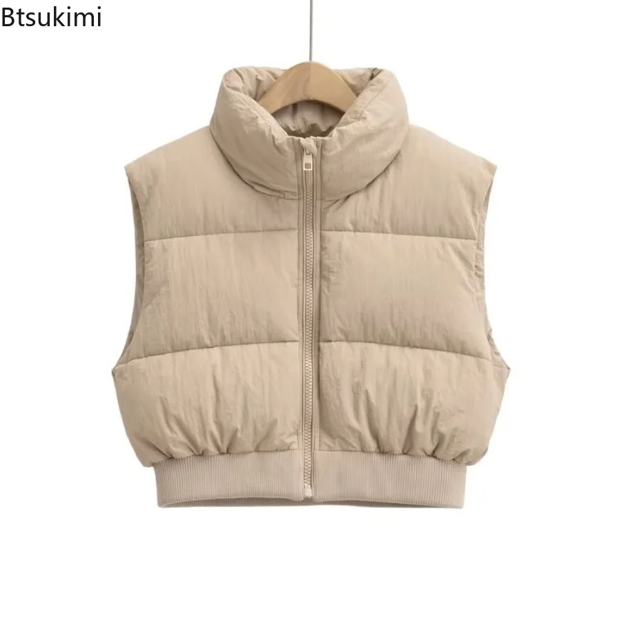 2025 Autumn Winter Women's Short Cotton Down Vest Short Stand-up Collar Warm Sleeveless Quilted Vest Outdoor Travel Jacket Tops