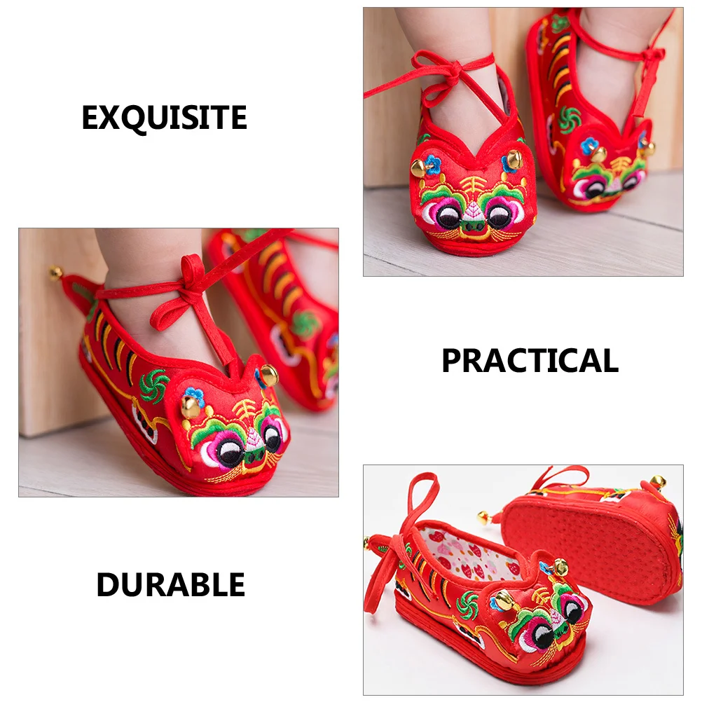 زوج واحد من أحذية رأس النمر المطرزة المصنوعة من الحرير الفاخر للأطفال الصغار، نعل ناعم غير قابل للانزلاق، جرس دافئ ومريح للفتيات الرضع #2