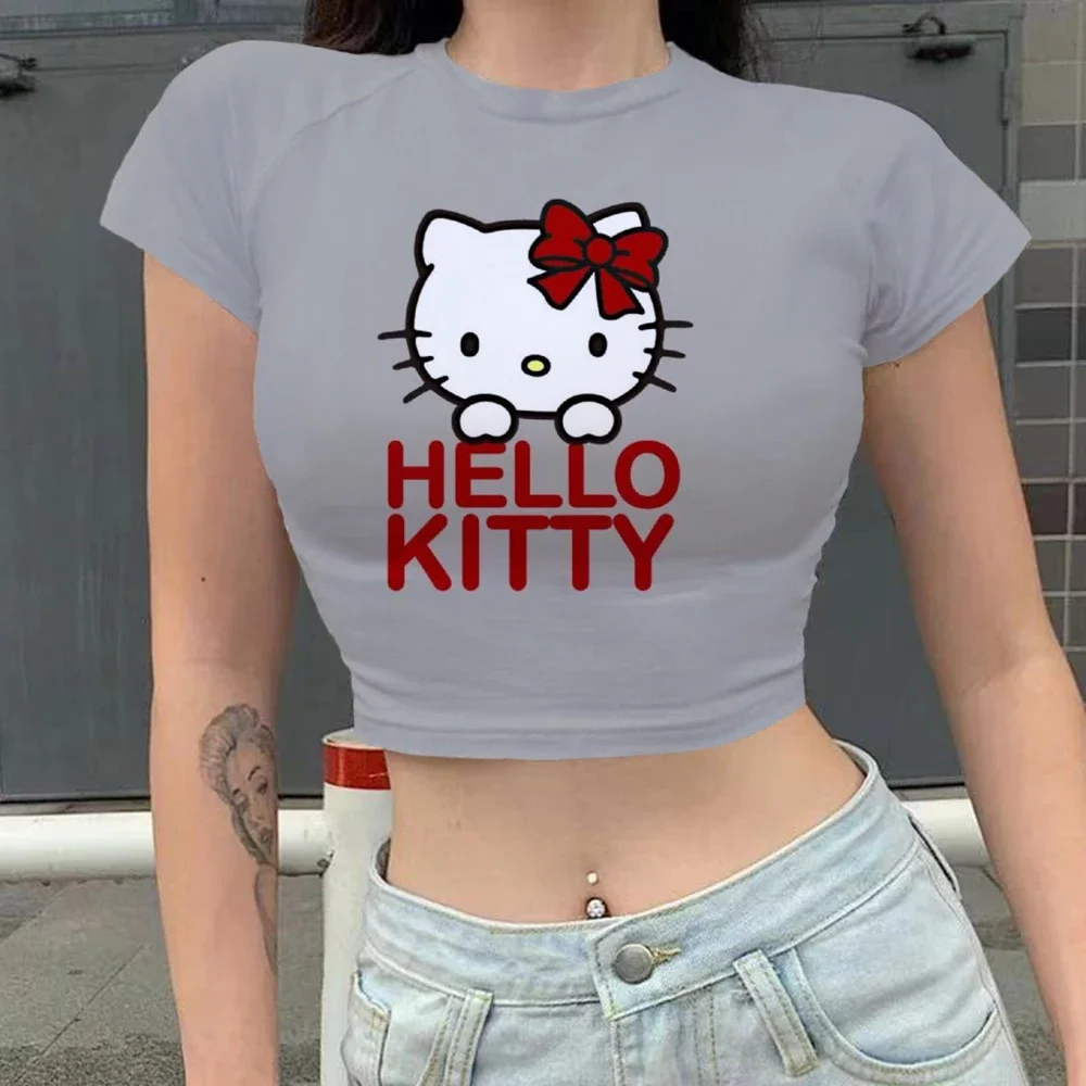 Fashion Sexy Kawaii Print Female Clothing Cartoon Y2k Party Hello Kitty Summer Crop Top Slim Fit T Shirt Tight Women\'s T-shirt