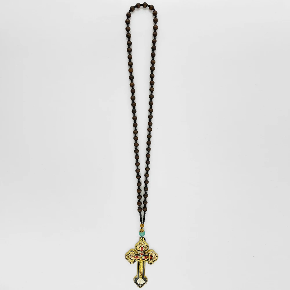 HTISOK Orthodoxes Kruzifix Goldkreuz-Halskette Holz-Rosenkranz Perlenkette Religiöser Jesus-Gebetsschmuck Religiöse Dekoration & Geschenk – Detail 10