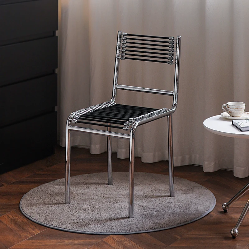 Mid-Century Dining Chair Stainless Steel Frame Elastic Nylon Rope Seat Back Spring Chair Stackable for Home Restaurant Small