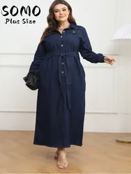 SOMO Plus Size for Women Clothes Denim Long Dress with Belt Button V-neck Long Sleeve 2023 Wash Denim Boho Vintage Dropshipping