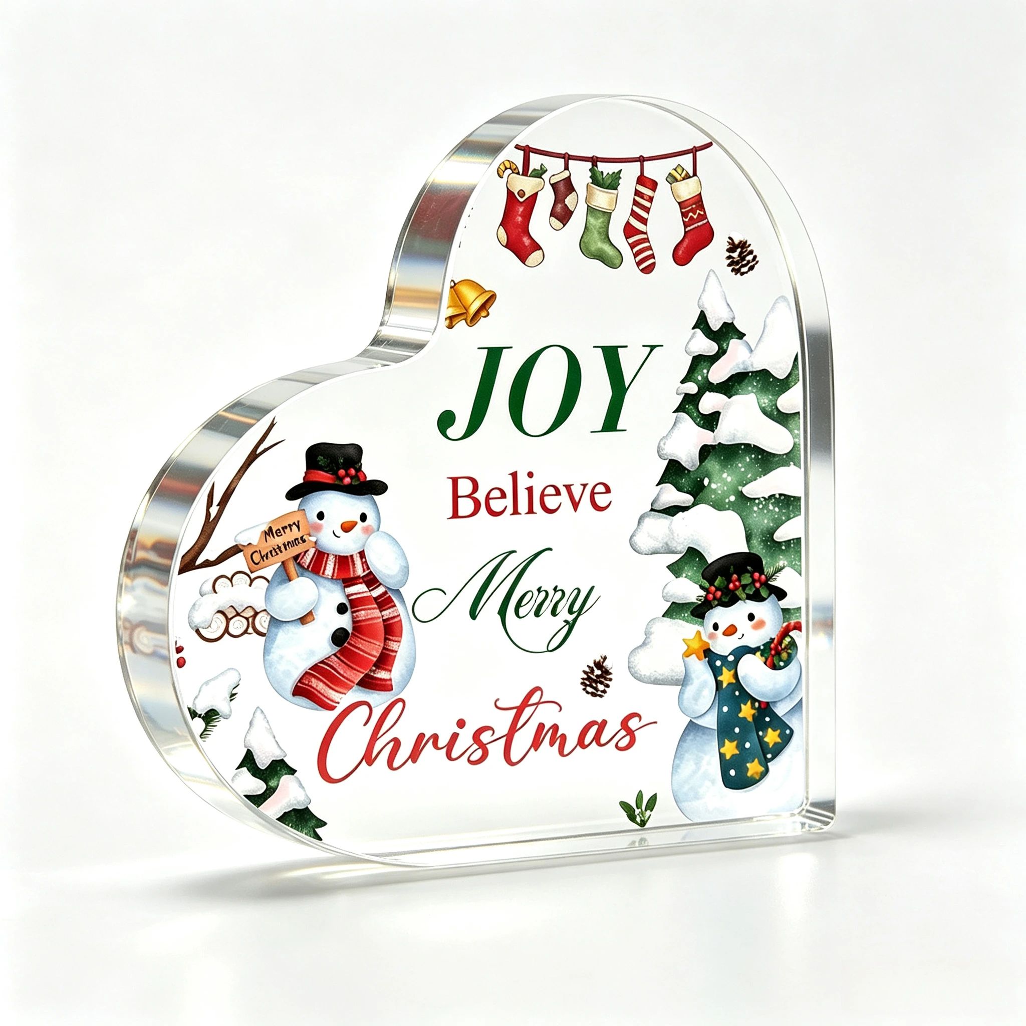 Joy Merry Christmas Heart‑Shaped Acrylic Plaque, Snowman Stocking Tree Table Decor