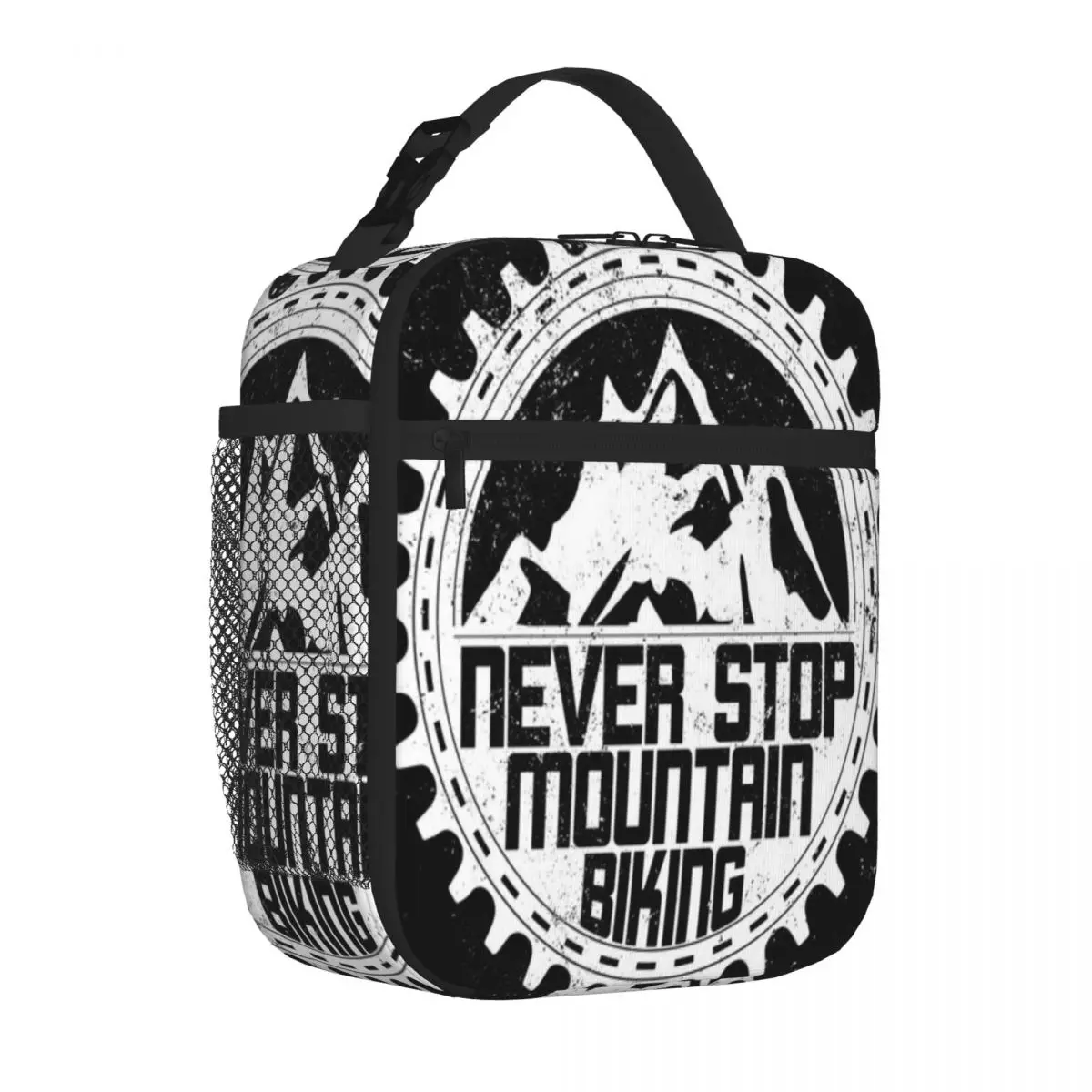 Hot Sale Never Stop Mountain Biking Sprocket Chainring White Crossbody Neoprene Lunch Bag Safari Lunch Meal Bag