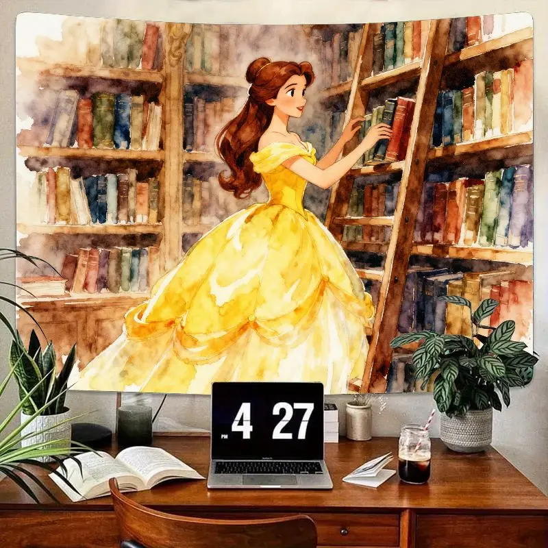 

1 шт., гобелен для библиотеки принцессы Диснея Белль, акварель, эстетический полиэстер, настенное искусство для девочек, декор для спальни и подарок для любителей книг