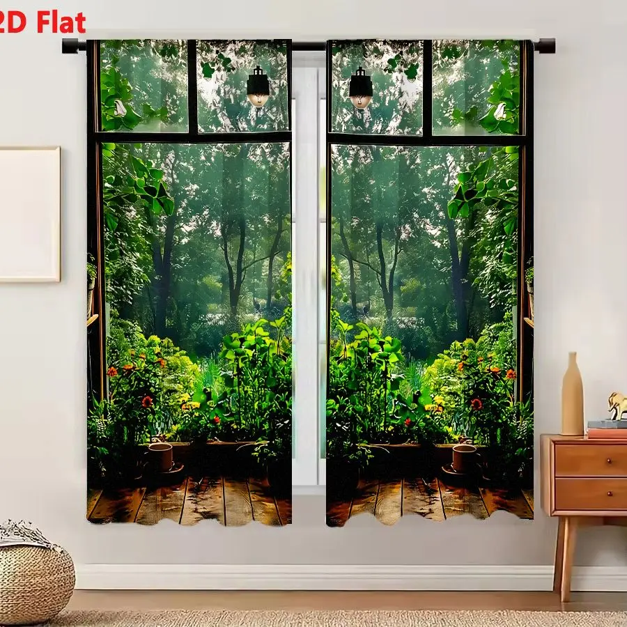 2Pcs Curtains 2D Flat Serene Indoor Scene With Wooden Floor And Multi-paned Window Overlooking Lush Green Forest Window Drapes f