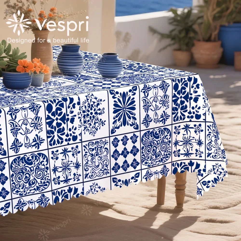 Vespri Mediterranean tablecloth, with white and blue decorations, featuring checks and patterns, exuding a seaside atmospherexzj