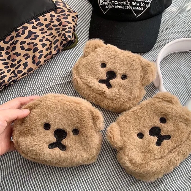Cute Cartoon Plush Embroidered Bear Coin Purse Fashion Portable Card Holder Coin Bag Key Lipstick Earphone Organizer Pouch