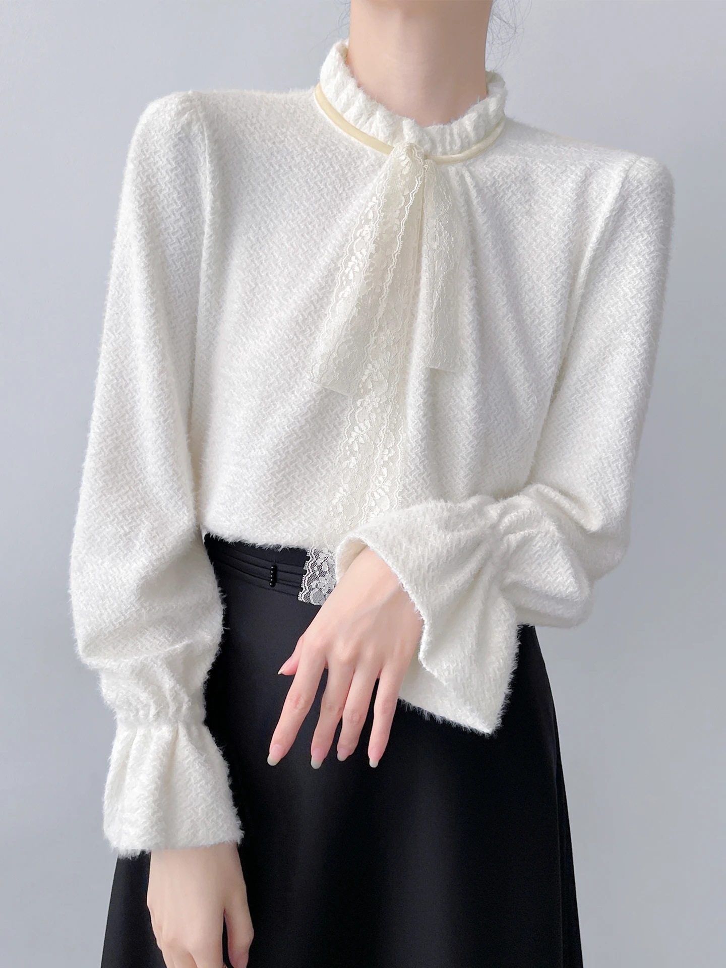 

Корейский длинный вязаный кружевной топ с рукавами-крылышками и шарфом для женщин, модный зимний повседневный прямой крой, топ с узлом