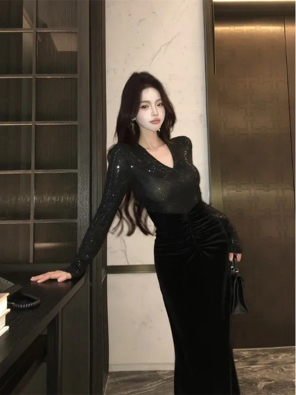 Velluto con paillettes Patchwork V-Ne Lungo Sve Donna Dr Autunno Inverno Vita alta Aderente Dr Ele Gonna aderente