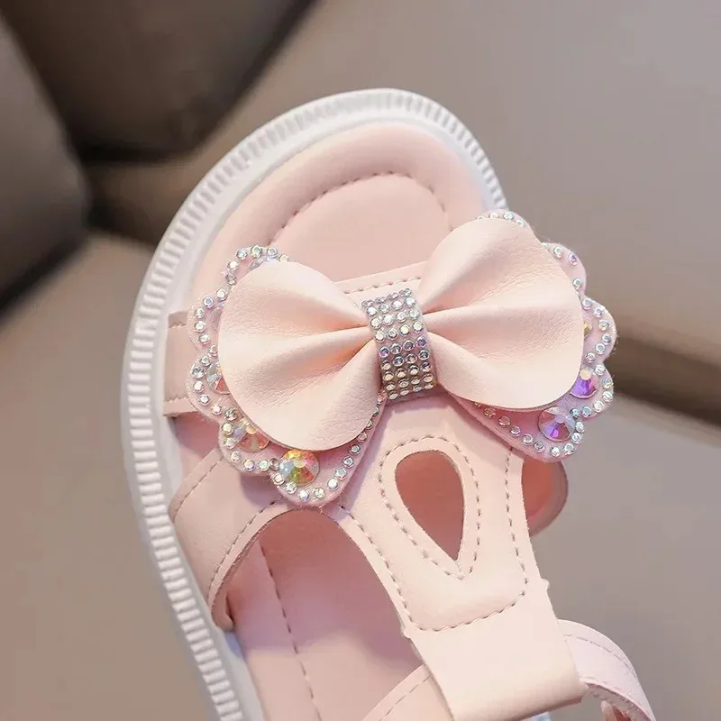 Girls Sandals Children Summer Sweet Rhinestone Party Princess Beach Shoes Cute Bowknot Soft Sole Flat Sandals