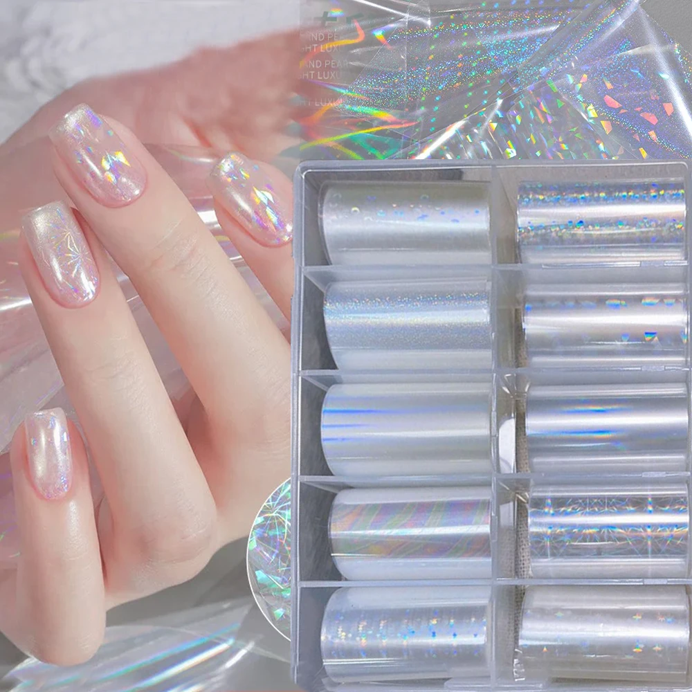 

10Rolls Laser Polarized Starlight Nail Transfer Foils 3D Holographic Mirror Star Colorful Glass Shards Radiant Effect Nail Wraps