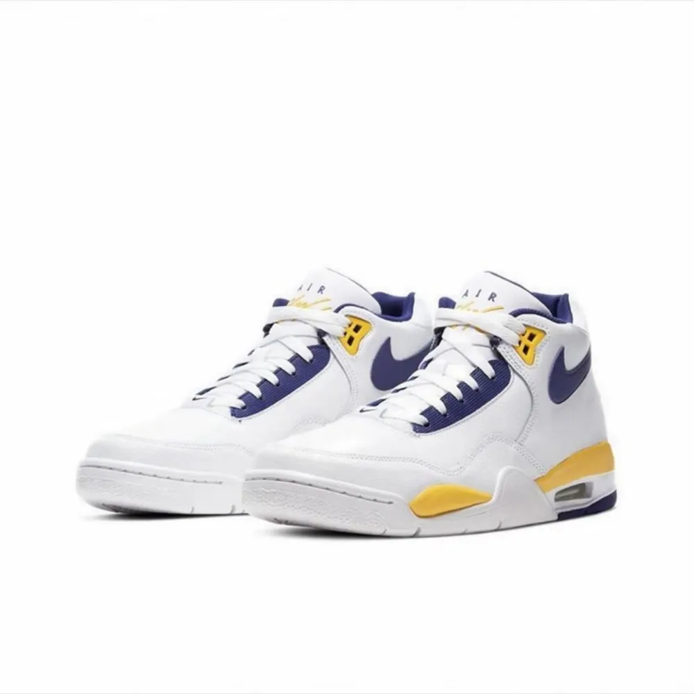 Nike Flight Legacy Leather Classic Retro Style Mid-Top Basketball Shoes Men's White/Blue/Yellow Lakers BQ4212-102
