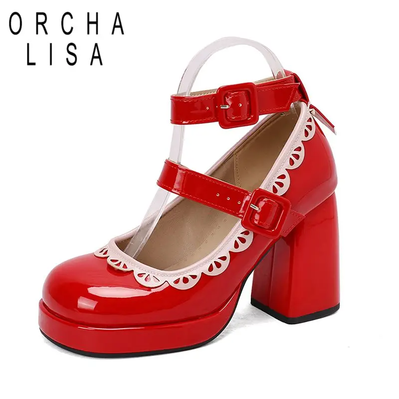 

ORCHA LISA Женские туфли-лодочки Sweet Mary Janes с круглым носком на высоком каблуке 9,5 см на платформе 2 см с двойной пряжкой и ремешком, большой размер 42 43 Туфли для свиданий