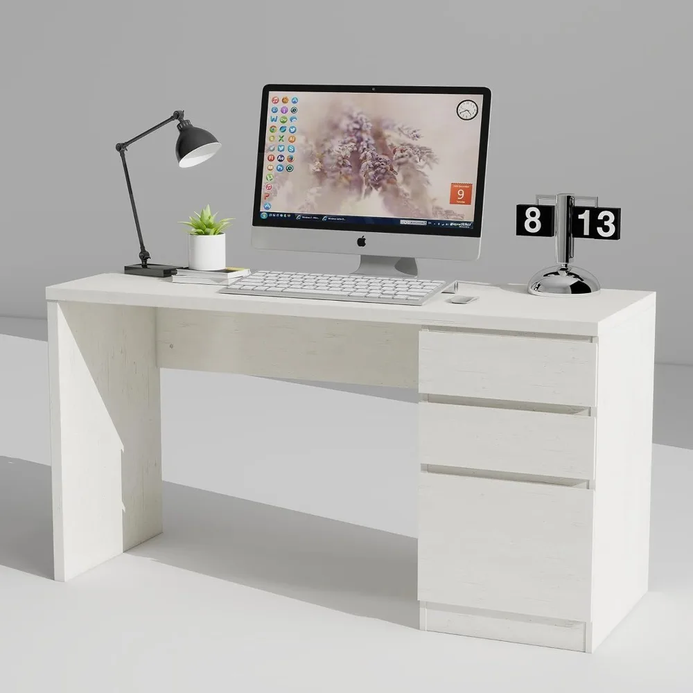 

White Computer Desk with 3 Drawer - 53 Inch Wooden Home Office Writing Desk with Storage File Drawer, Modern Executive Desk for