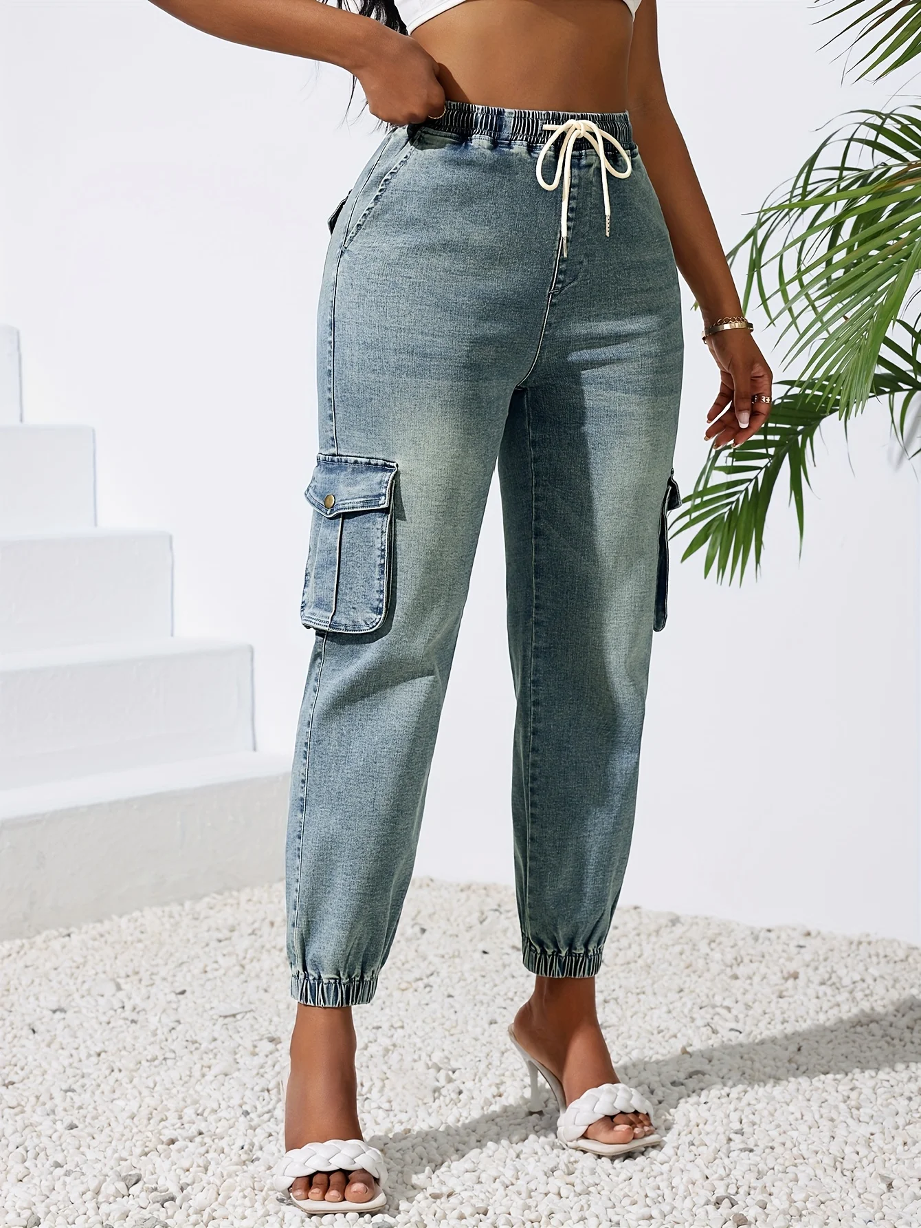 DenimColab 2025 г., модные женские джинсы с несколькими карманами, брюки для бега с резиновым ремешком, женские джинсы в уличном стиле, однотонные джинсовые брюки