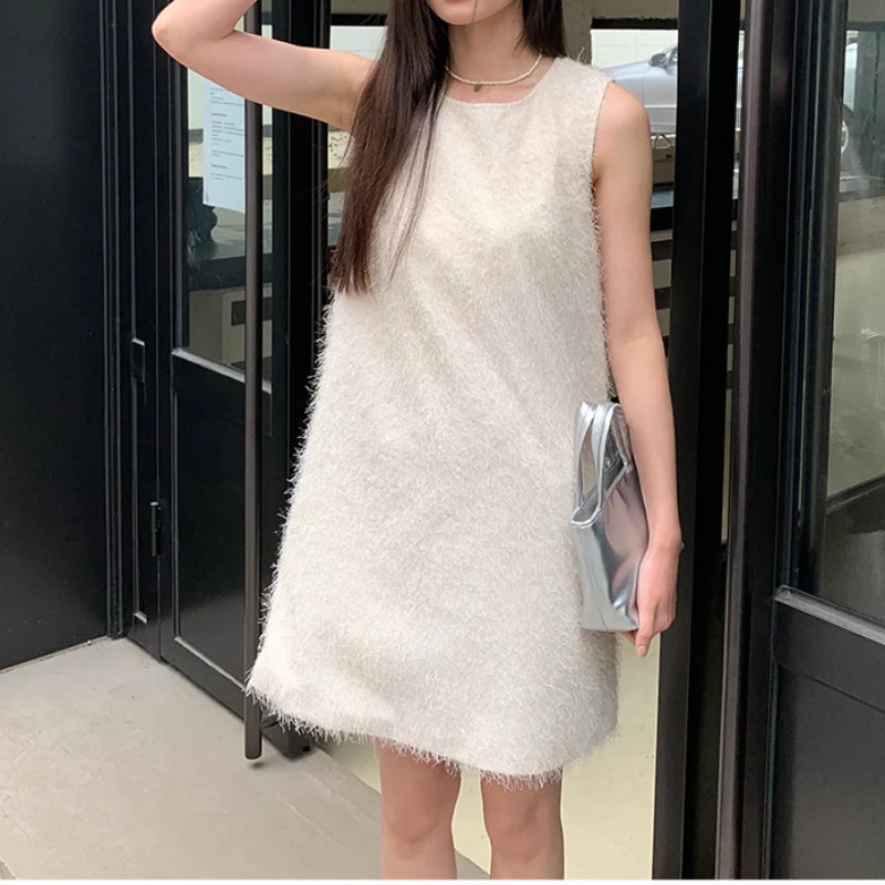 

Spring Summer Small Fragrant Loose Women Dress O Neck Tassel Sleeveless A Word Korea Chic White Black Pink Female Mini Dress