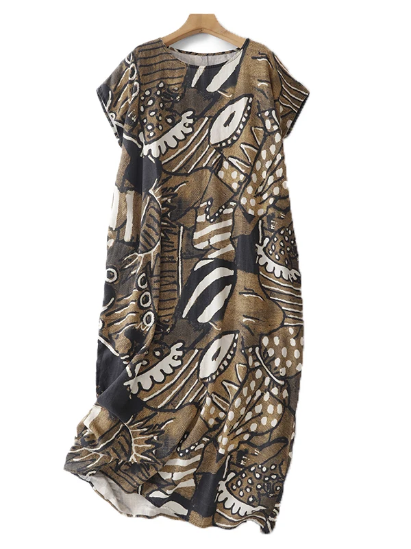 

Summer 2026 Abstract Art Print Long Dress Chinese Style Loose Fit High Waist Short Sleeve A-Line Skirt Breathable Skin-Friendly