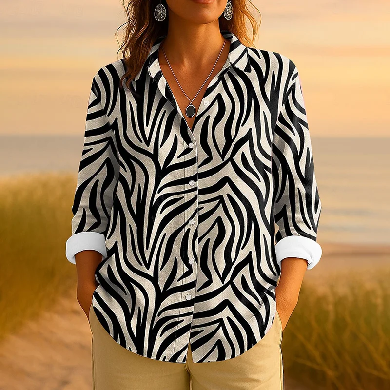 

Women's Zebra Print Long Sleeve Shirt Vintage Geometric Button Up Blouse Casual Office Tops Fall Winter Fashion Work Daily