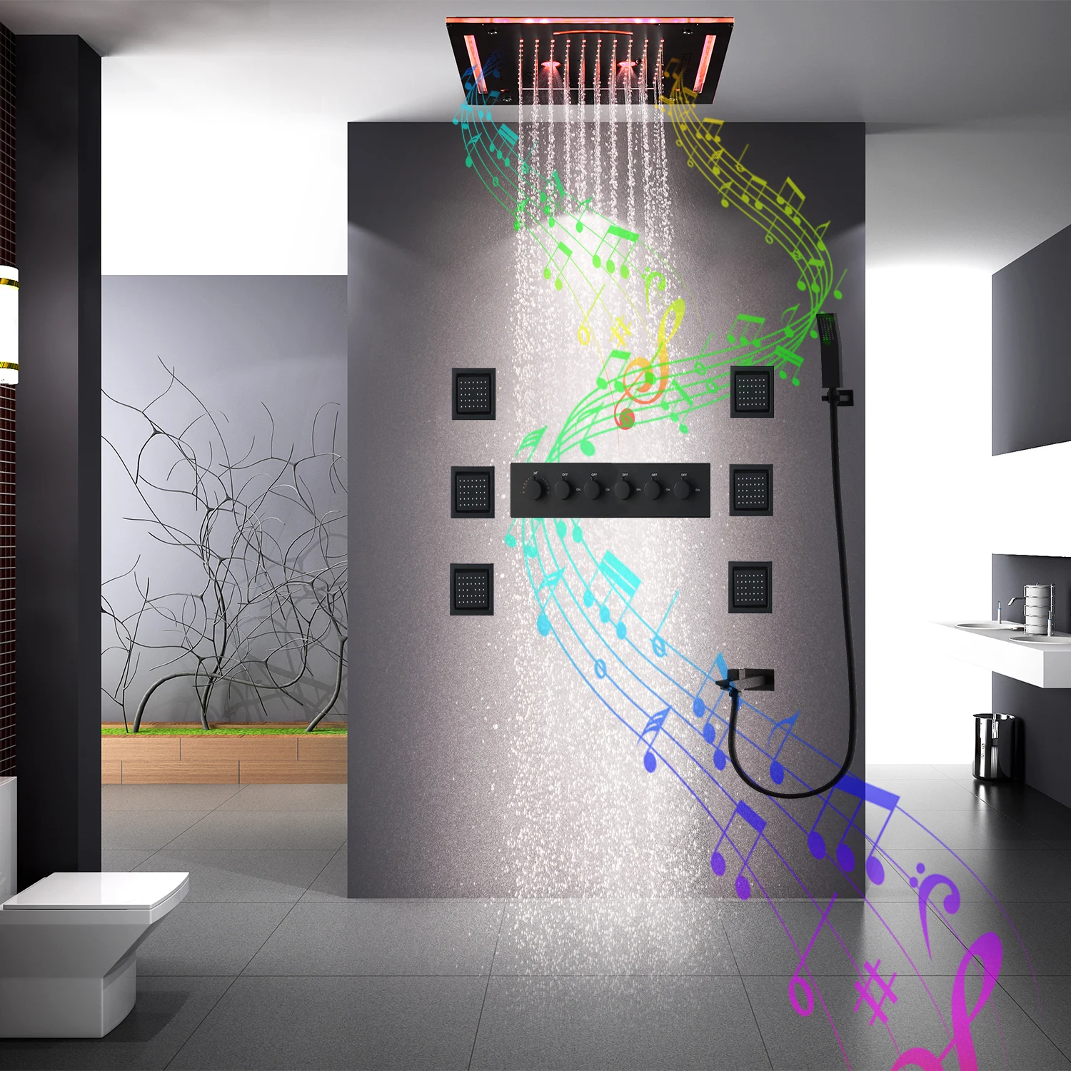 Imagem -04 - Conjunto de Chuveiro Termostático Preto Teto Led Rainfall Shower Head System com Jatos Laterais Torneiras de Luxo Novo Design hm 12in 2023