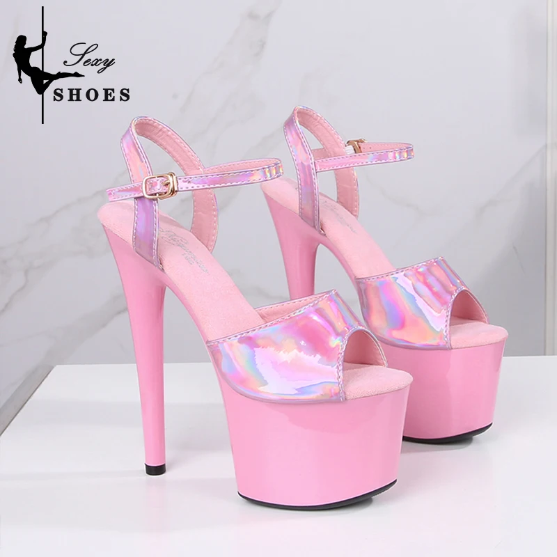 Women\'s Summer Shoes with Heels Sexy 17CM/7Inchs Platform Sandals Pole Dancing Fetish Erotic Stripper Shoes Luxury Laser Color