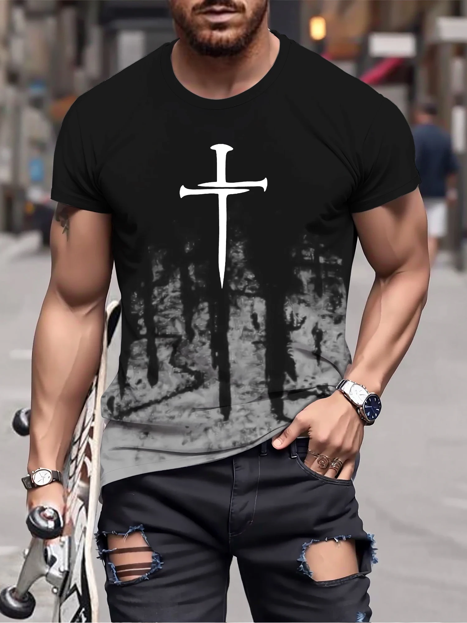 Men\'s Comfy V-Neck O-shirt Graphic Tee Summer Clothes Outfits Christian Cross Pattern Print ropa pixelada