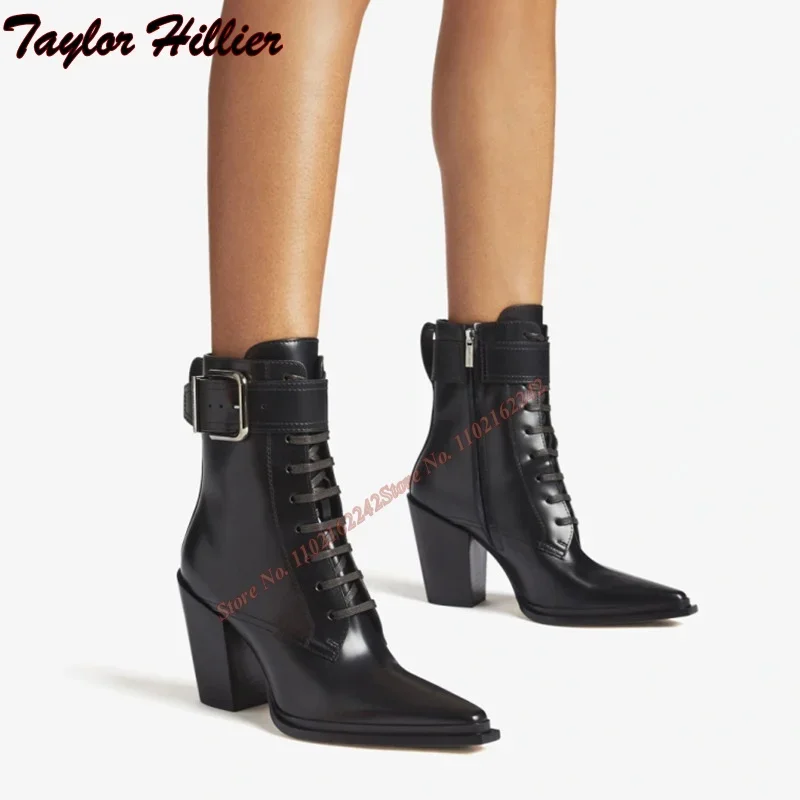 

Winter Genuine Leather Buckle Short Boots Pointed Toe Thick Heel Side Zipper Knight Boots Fashionable And Elegant Short Boots