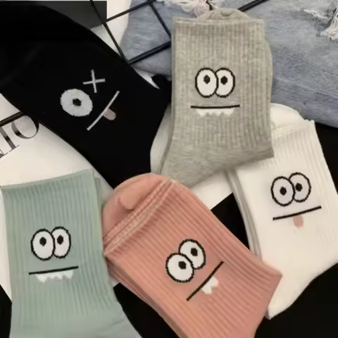 5 Pairs Cute Expression Print Socks, Comfy &amp; Funny All-match Mid Tube Socks, Women's Stockings &amp; Hosiery