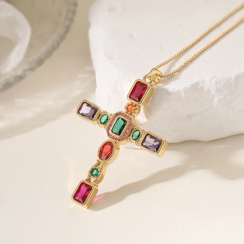 YISON Golden Colourful Cross Zircon Pendant Necklace for Woman New Fashion Religious Jewelry Vintage Gift for Friends
