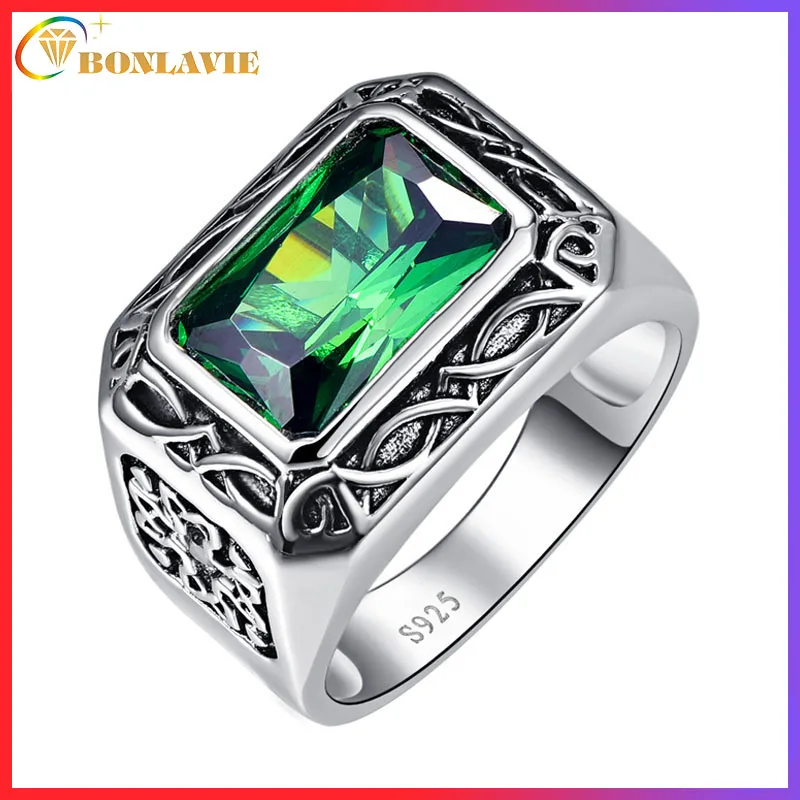 BONLAVIE Fine 6.8Ct Emerald Men Ring Solid 925 Sterling Sliver Jewelry Engagement Wedding Ring For Men Size 6-14