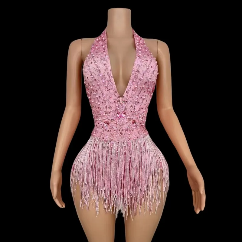 Sexy Bar Nightclub Pink Tassel Beads Leotard Stage Wear DJ Gogo Pole Dance Costume Performance Backless Crystal Fringe Bodysuit