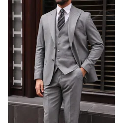 Light Gray Men Suits Slim Three Piece Chic Peak Lapel Single Breasted Clothing Office Business Casual Slim Wedding Tuxedo