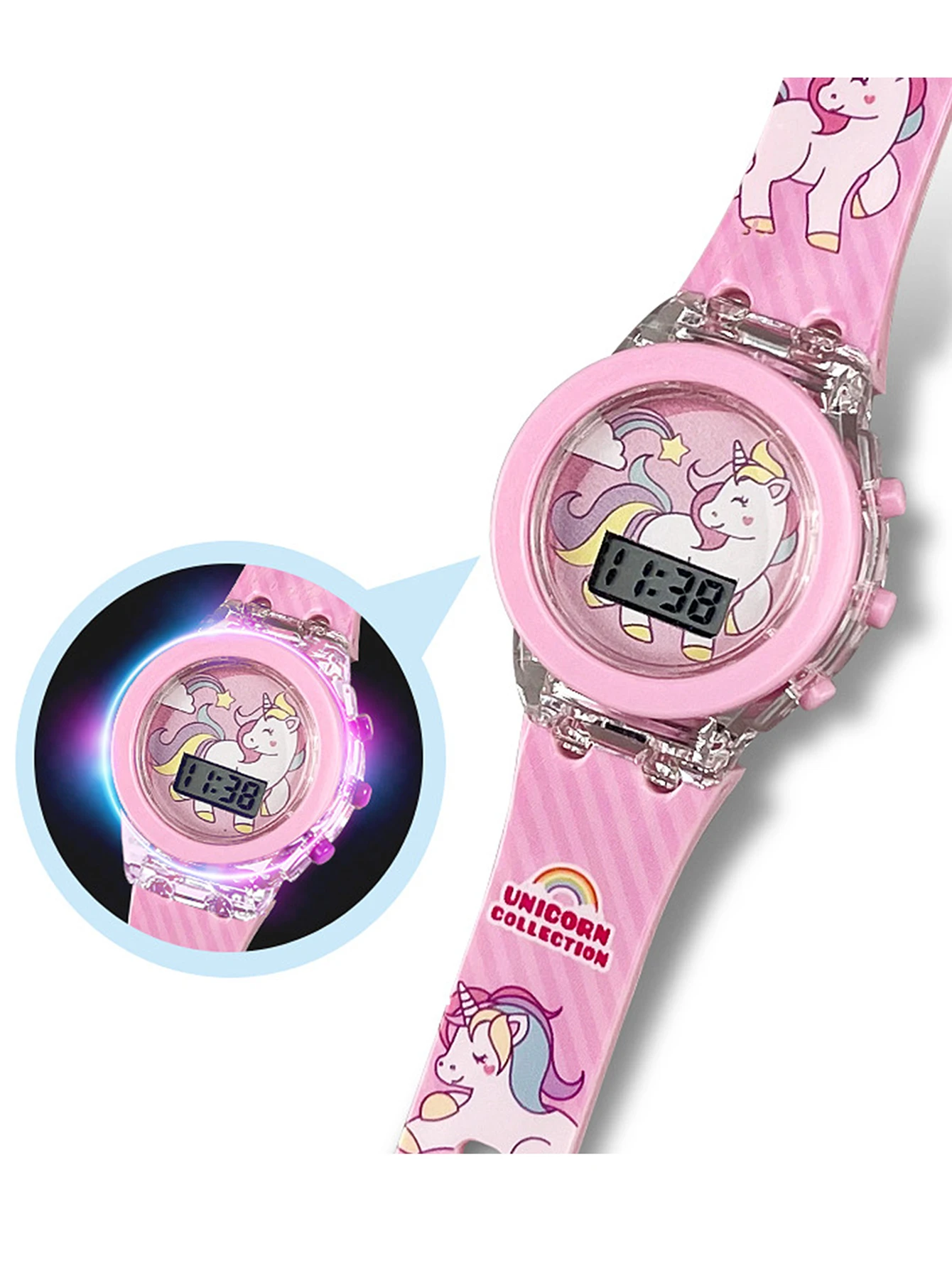 2PCS pink Unicorn silicone children\'s electronic watch and acrylic unicorn beaded bracelet set as a gift for children