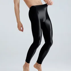 Pantalones ajustados de satén para hombre, mallas sexis transparentes de cintura alta, talla grande, brillantes, para yoga y Deporte