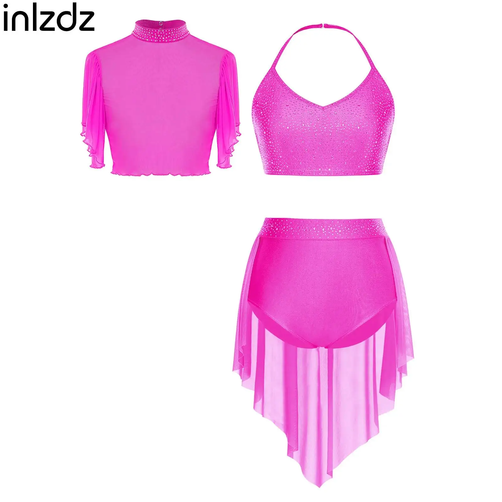 المرأة الغنائية الرقص الشكل التزلج زي عارية الذراعين بروتيل المحاصيل القمم + تنورة السراويل Dancewear مجموعات لأداء فئة الرقص